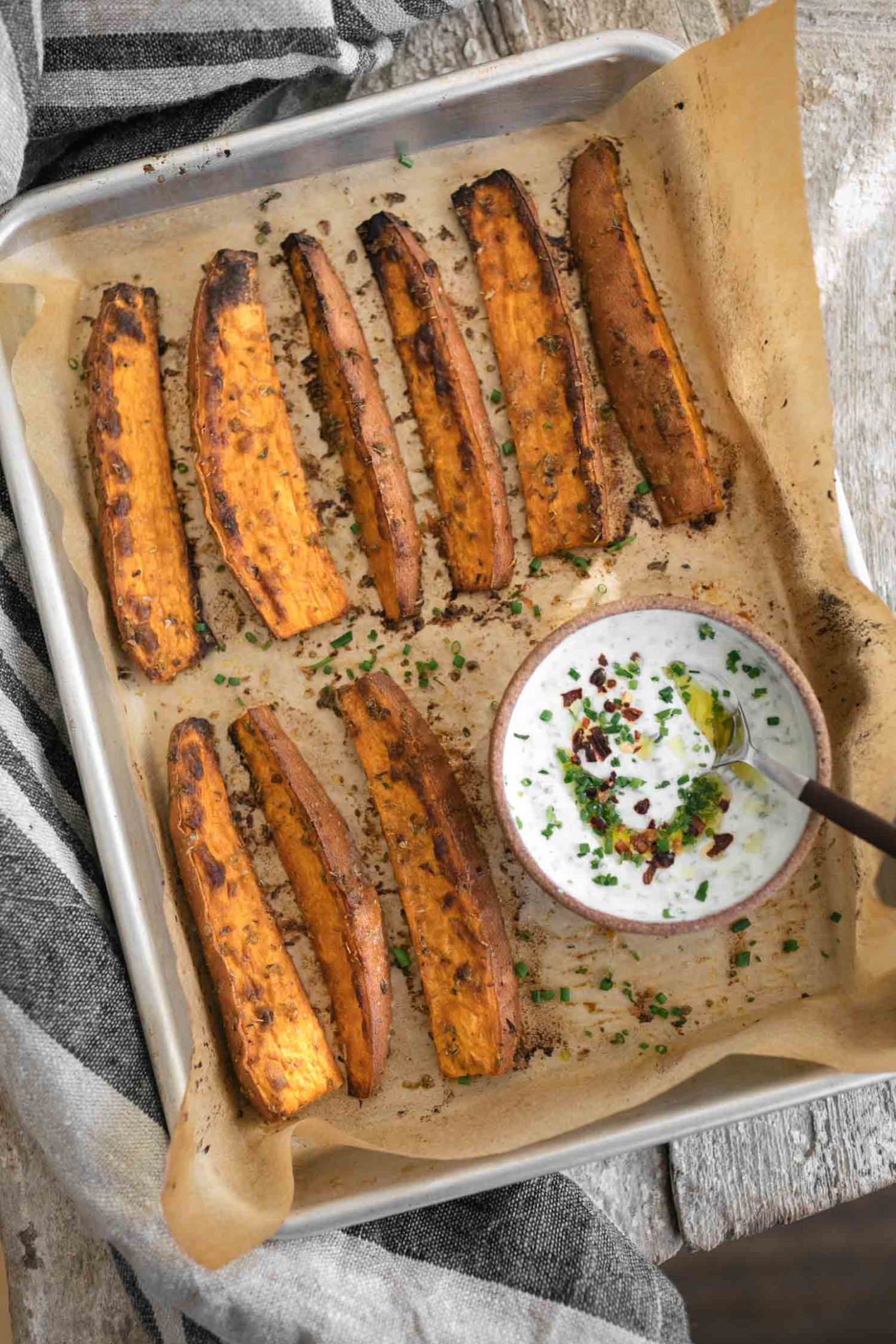 Spiced Sweet Potato Wedges with Chive Cream